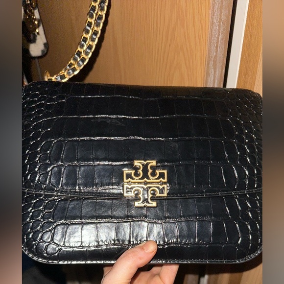 Tory Burch Handbags - Tory Burch Black Croc Embossed Clutch with Gold Logo